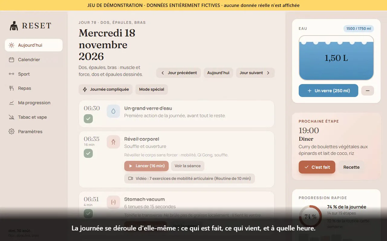 Affiche de la démonstration vidéo de l'application RESET, affichée avec des données de démonstration