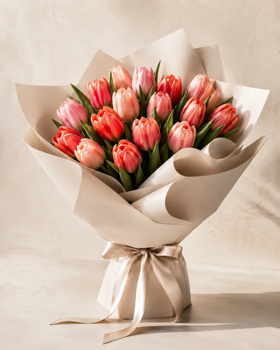 Bouquet de tulipes corail et saumon dans un emballage kraft clair.