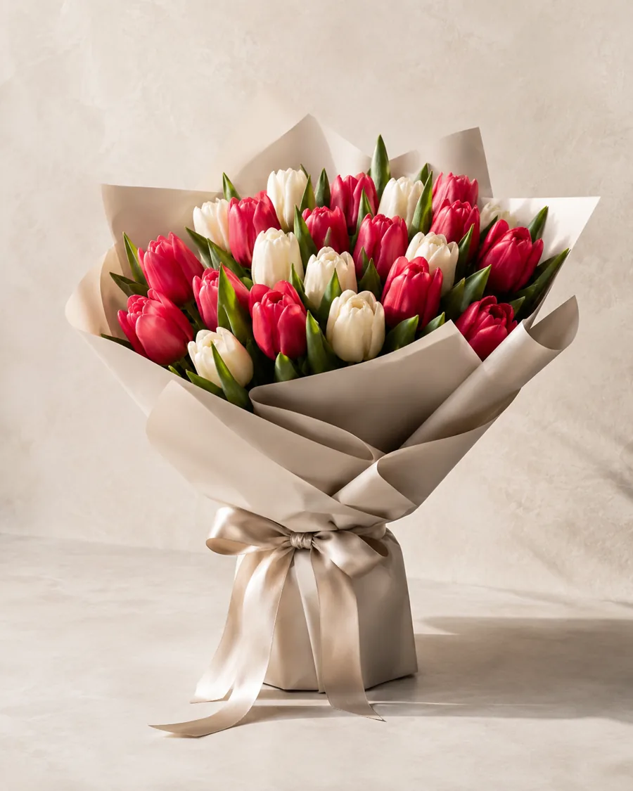 Bouquet de tulipes rouges et blanches dans un emballage kraft clair.