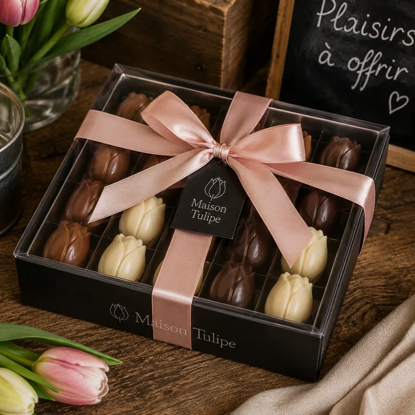 Écrin noir de chocolats en forme de tulipe, fermé par un ruban de satin rose.
