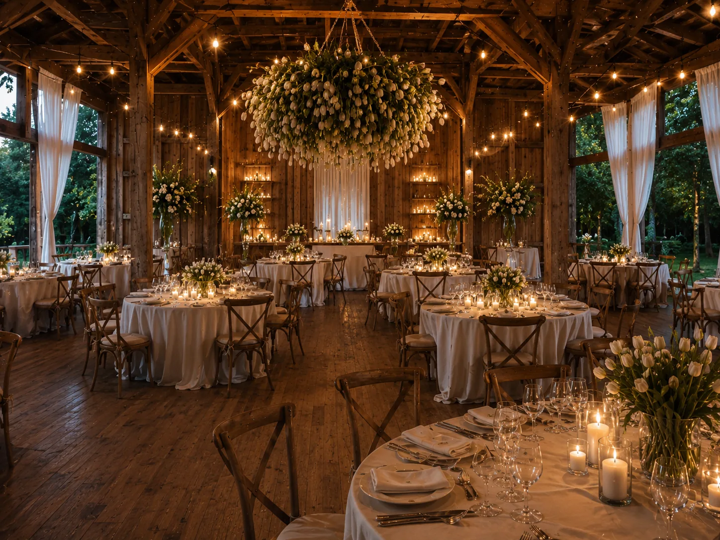 Salle de réception dans une grange en bois, tables dressées et tulipes blanches à la lueur des bougies.