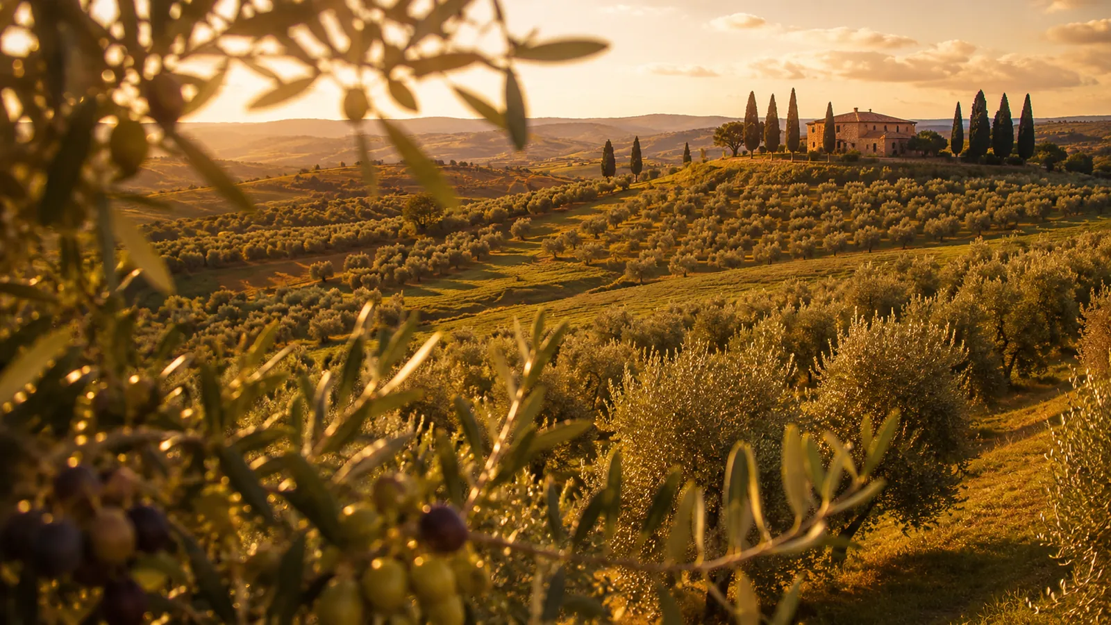 Oliveraie de Toscane baignée de lumière dorée, cyprès a l'horizon