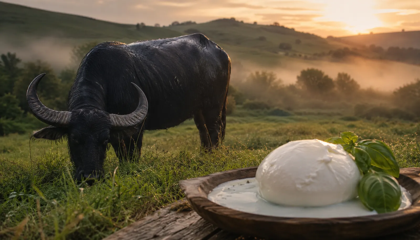 Bufflonne dans les pâturages de Campanie, mozzarella di Bufala fraîche